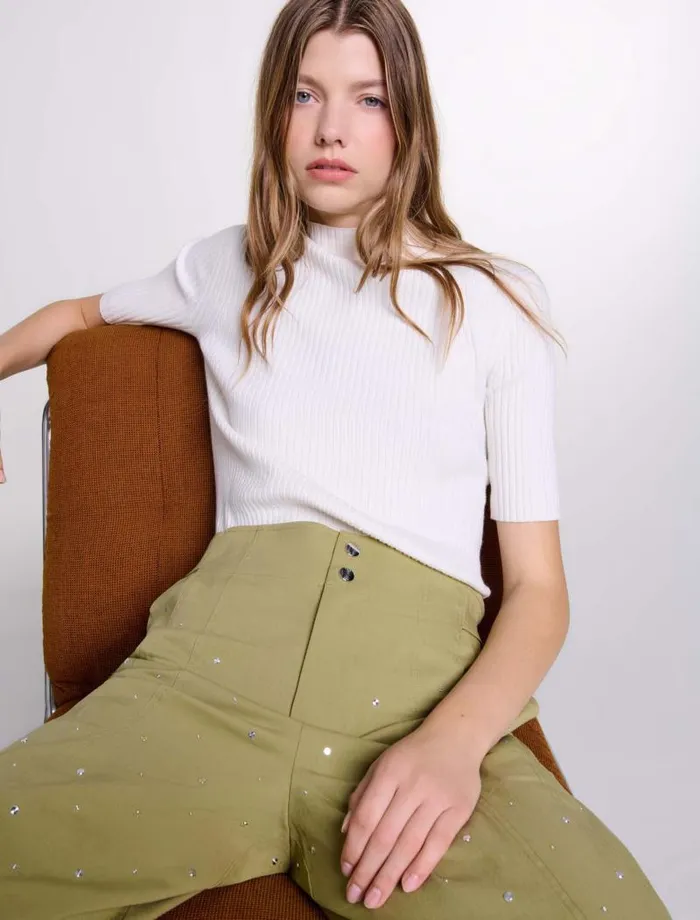 Maje Sweaters and Cardigans Womens Cotton And Silk Ribbed Top Ecru
