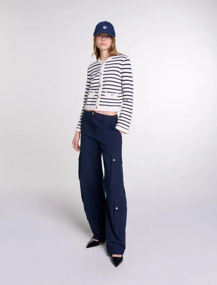 Maje Sweaters and Cardigans Womens Striped Knit Cardigan Navy Ecru