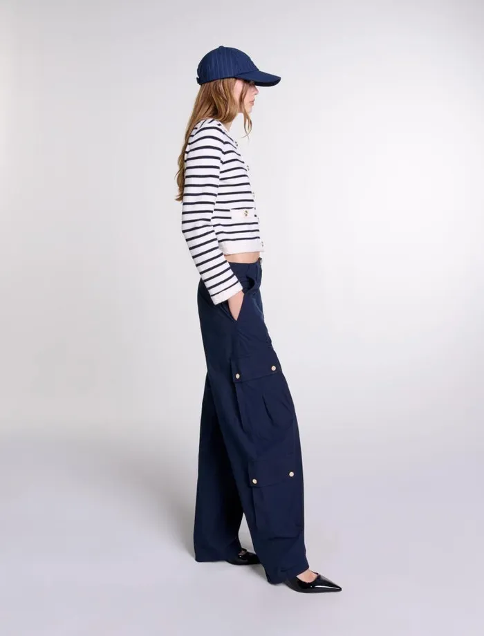 Maje Sweaters and Cardigans Womens Striped Knit Cardigan Navy Ecru