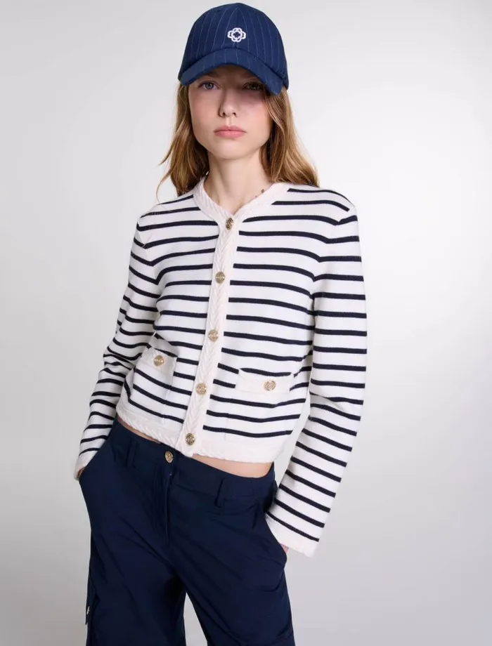 Maje Sweaters and Cardigans Womens Striped Knit Cardigan Navy Ecru