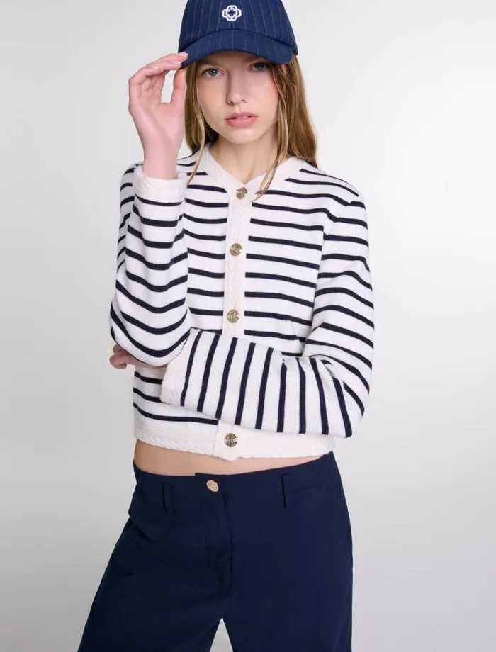 Maje Sweaters and Cardigans Womens Striped Knit Cardigan Navy Ecru