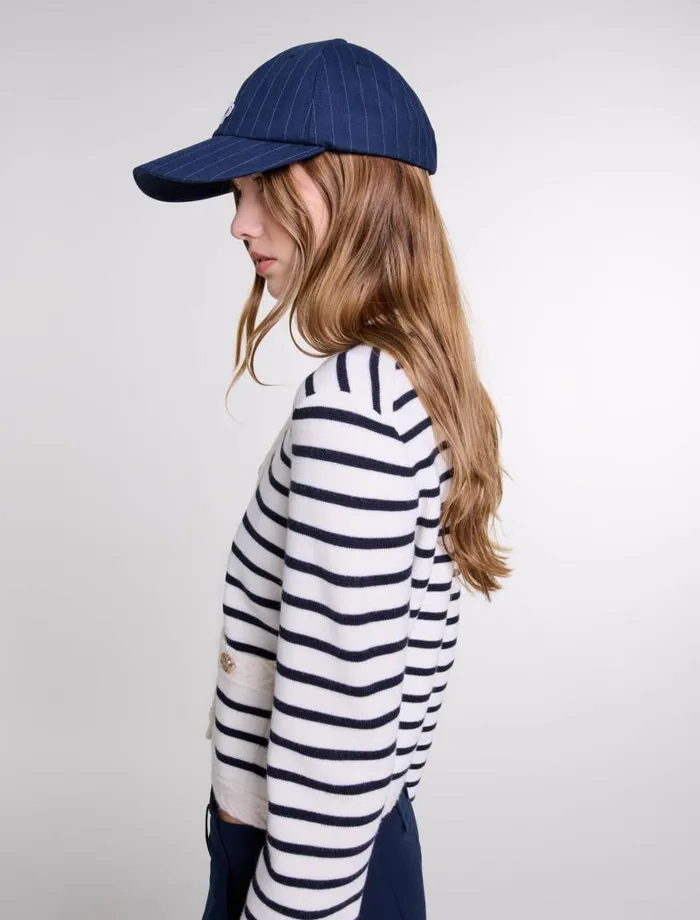 Maje Sweaters and Cardigans Womens Striped Knit Cardigan Navy Ecru