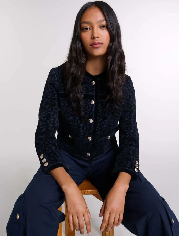 Maje Sweaters and Cardigans Womens Velvet Knit Cardigan Blacknavy