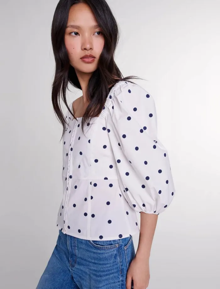 Maje Tops and Shirts Womens Puffsleeved Top Navy Polka Dots
