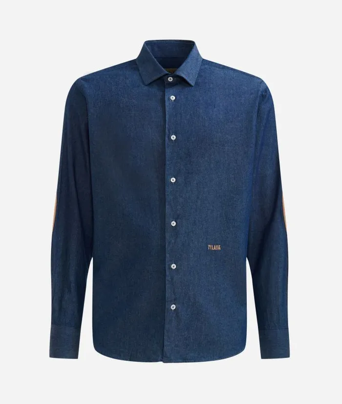 Man Knitwears Shirts and TShirts Alviero Martini Slim Fit Lightweight Denim Shirt With Geo Classic Elbow Patches Dark Blue Jeans