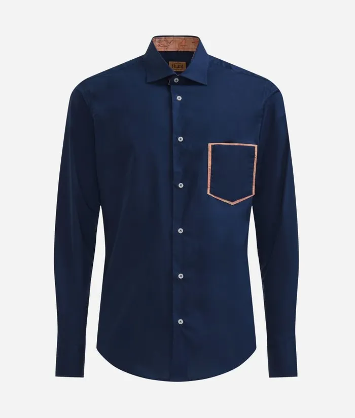 Man Knitwears Shirts and TShirts Alviero Martini Slim Fit Stretch Cotton Shirt With Pocket Detail Navy Blue