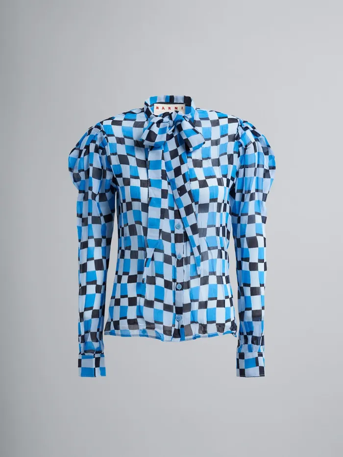 Marni Iconic Damier Print Crepon Shirt Powder Blu Womens Tops and Shirts