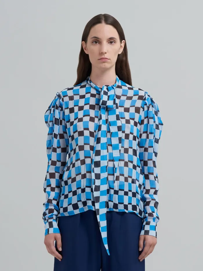Marni Iconic Damier Print Crepon Shirt Powder Blu Womens Tops and Shirts Marni Iconic Damier Print Crepon Shirt Powder Blu Womens Tops and Shirts