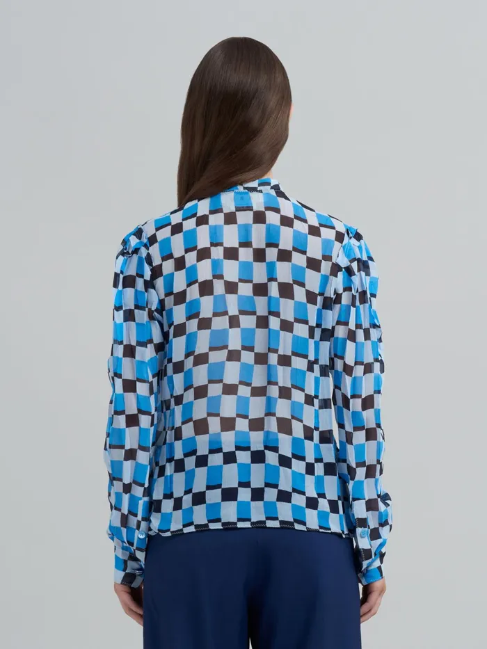 Marni Iconic Damier Print Crepon Shirt Powder Blu Womens Tops and Shirts Marni Iconic Damier Print Crepon Shirt Powder Blu Womens Tops and Shirts