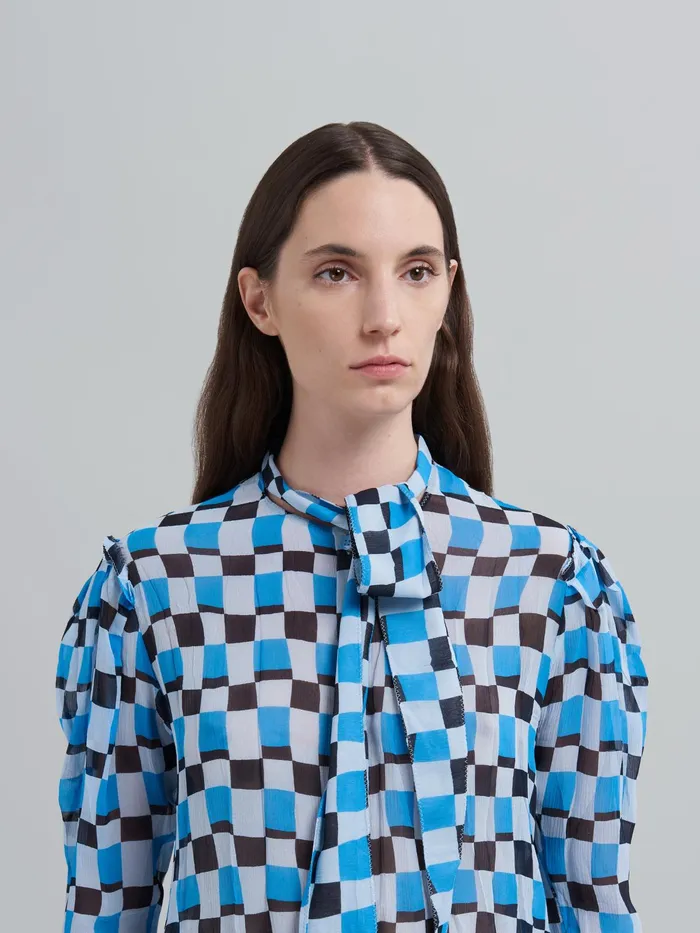 Marni Iconic Damier Print Crepon Shirt Powder Blu Womens Tops and Shirts Marni Iconic Damier Print Crepon Shirt Powder Blu Womens Tops and Shirts