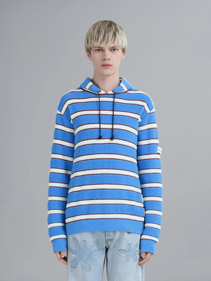 Marni Striped Terryknit Hooded Sweater Cobalt Mens Knitwear