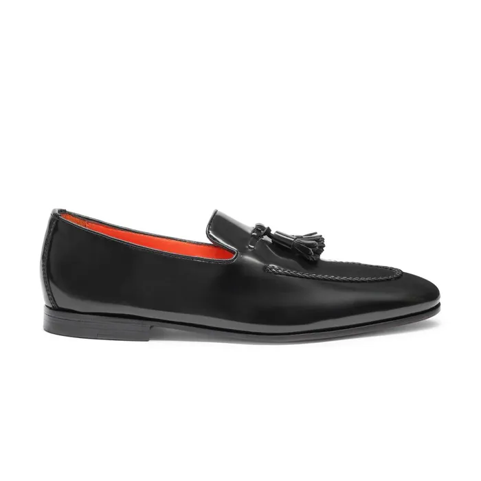 Men Black Leather Tassel Loafer Santoni Loafers