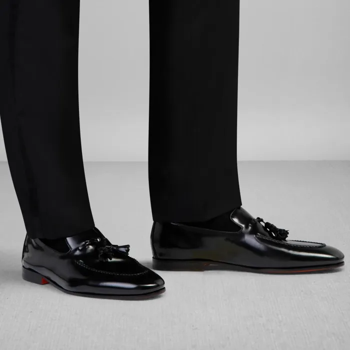 Men Black Leather Tassel Loafer Santoni Loafers