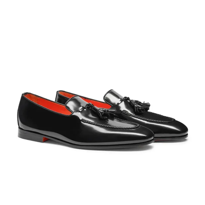 Men Black Leather Tassel Loafer Santoni Loafers
