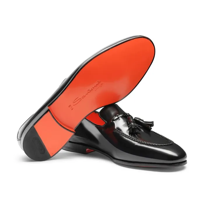 Men Black Leather Tassel Loafer Santoni Loafers