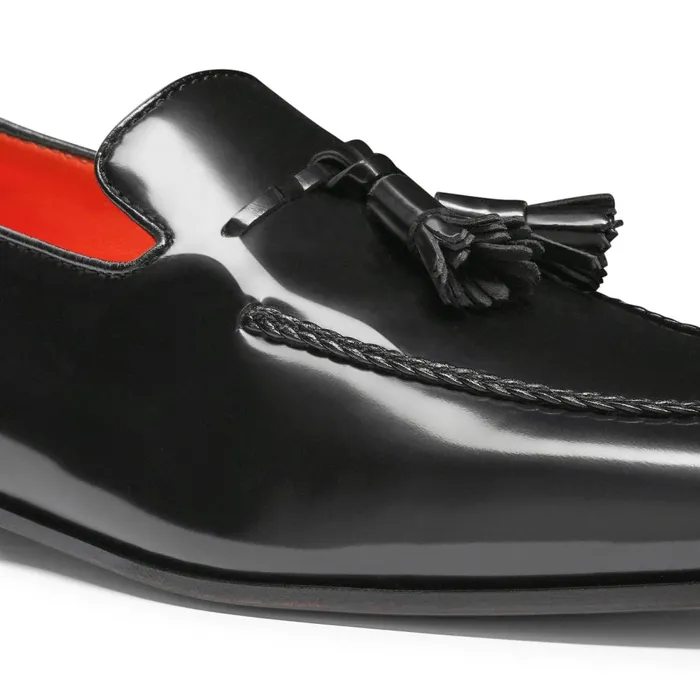 Men Black Leather Tassel Loafer Santoni Loafers