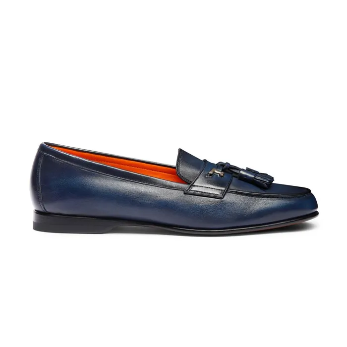 Men Blue Leather Andrea Tassel Loafer Santoni Loafers