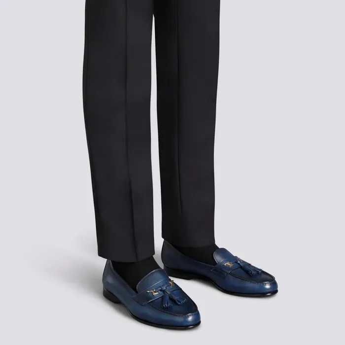 Men Blue Leather Andrea Tassel Loafer Santoni Loafers