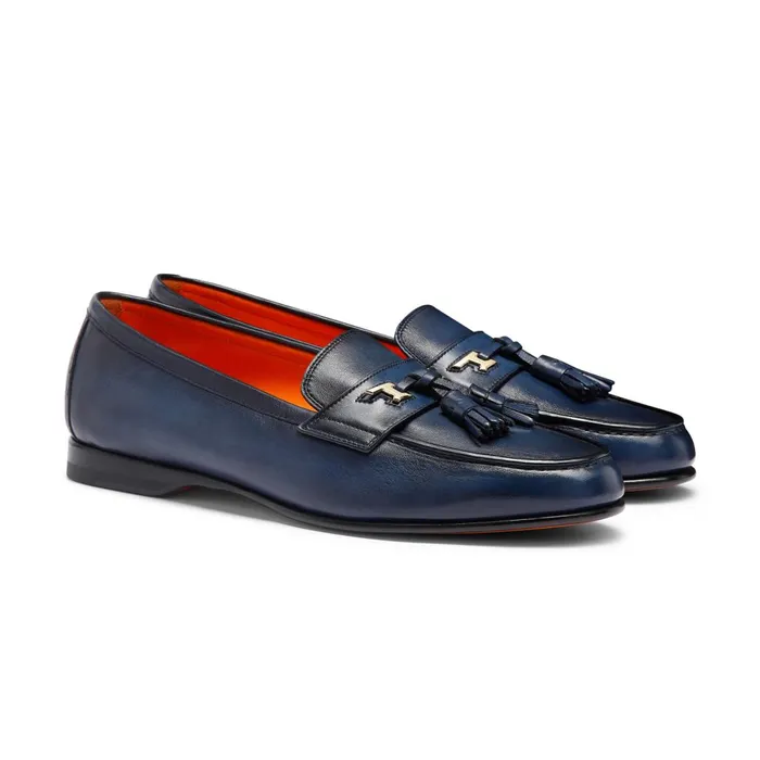 Men Blue Leather Andrea Tassel Loafer Santoni Loafers