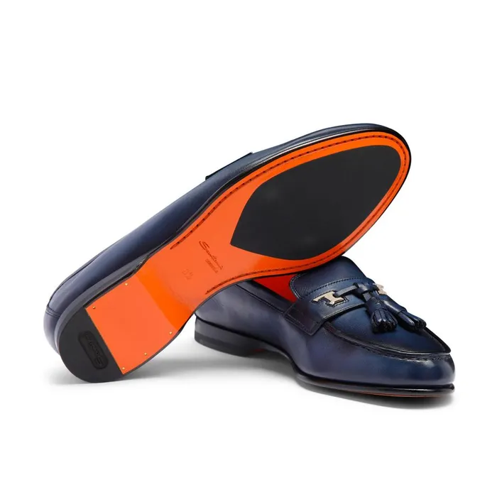 Men Blue Leather Andrea Tassel Loafer Santoni Loafers