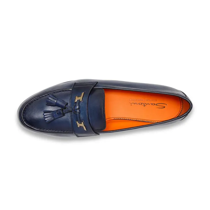 Men Blue Leather Andrea Tassel Loafer Santoni Loafers
