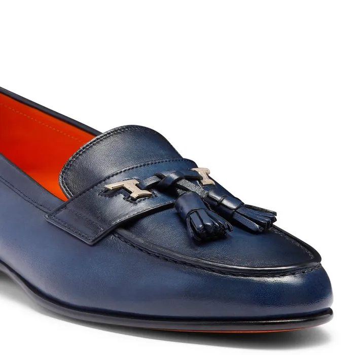 Men Blue Leather Andrea Tassel Loafer Santoni Loafers