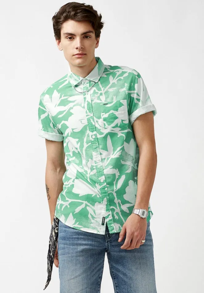 Men Collared Short Sleeves Susara Green Printed Shirt Cockatoo Buffalo David Bitton Shirts