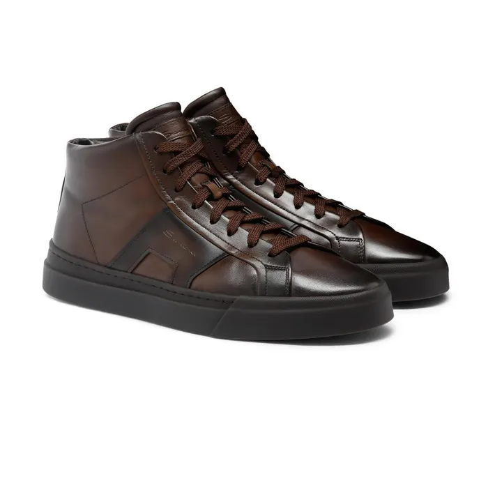 Men Dark Brown Leather Double Buckle Sneaker Santoni Sneakers