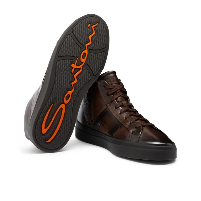 Men Dark Brown Leather Double Buckle Sneaker Santoni Sneakers