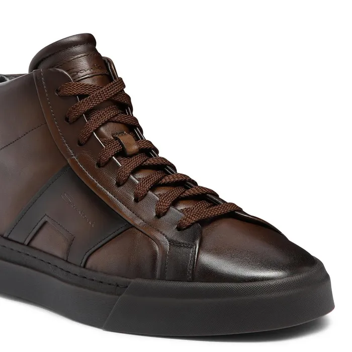 Men Dark Brown Leather Double Buckle Sneaker Santoni Sneakers