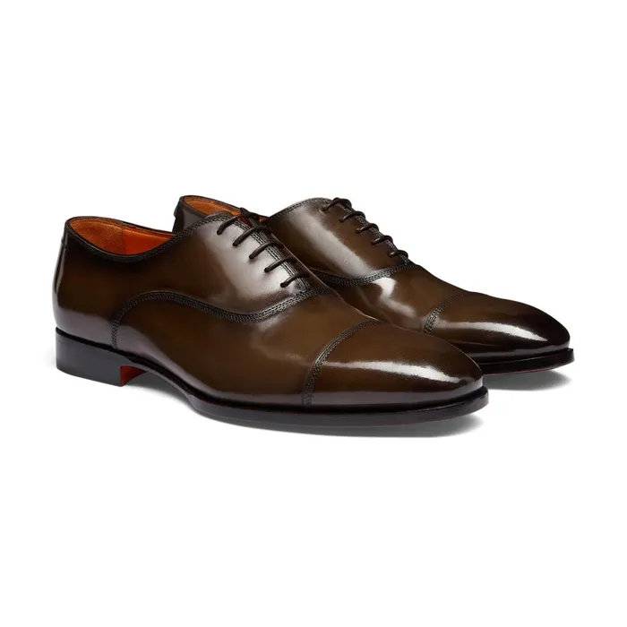 Men Dark Brown Leather Oxford Shoe Santoni LaceUps