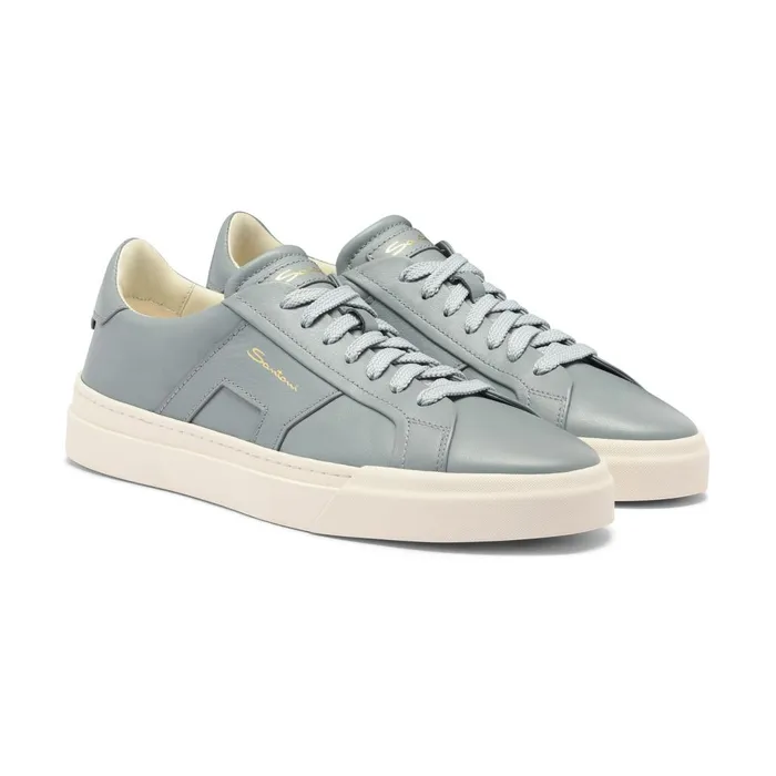 Men Light Blue Leather Double Buckle Sneaker Santoni Sneakers