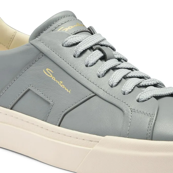 Men Light Blue Leather Double Buckle Sneaker Santoni Sneakers