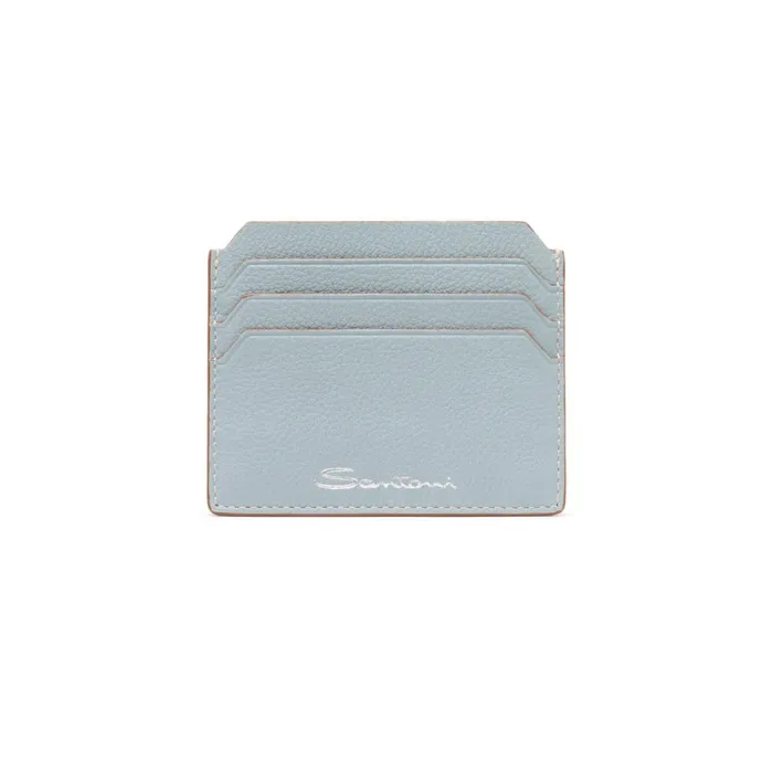 Men Light Blue Tumbled Leather Credit Card Holder Santoni Small Leather Goods