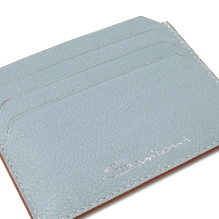 Men Light Blue Tumbled Leather Credit Card Holder Santoni Small Leather Goods