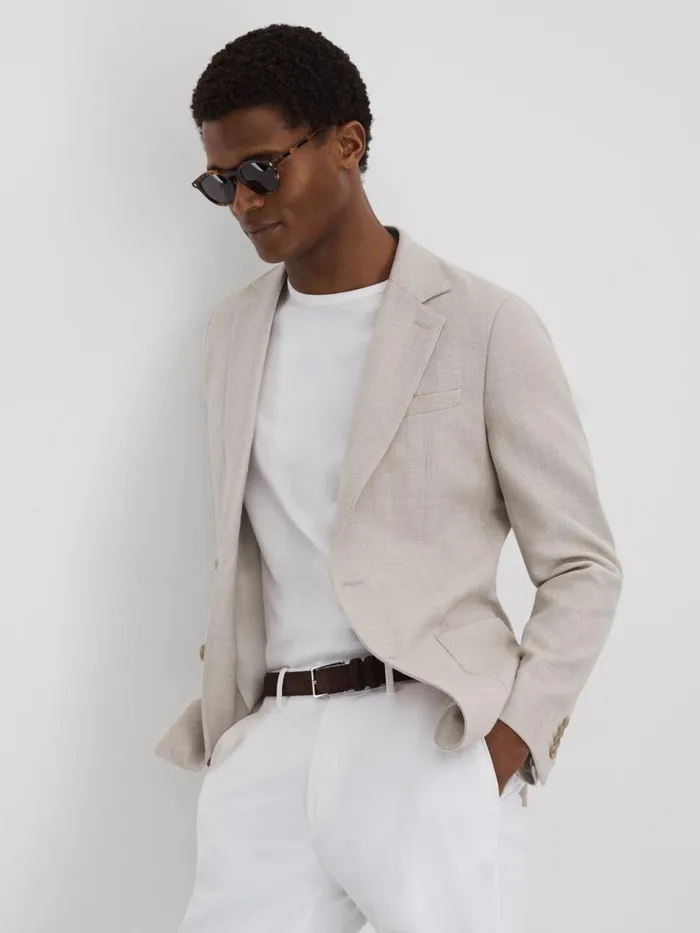 Men Reiss Blazers Attire Slim Fit Textured Wool Blend Blazer Stone