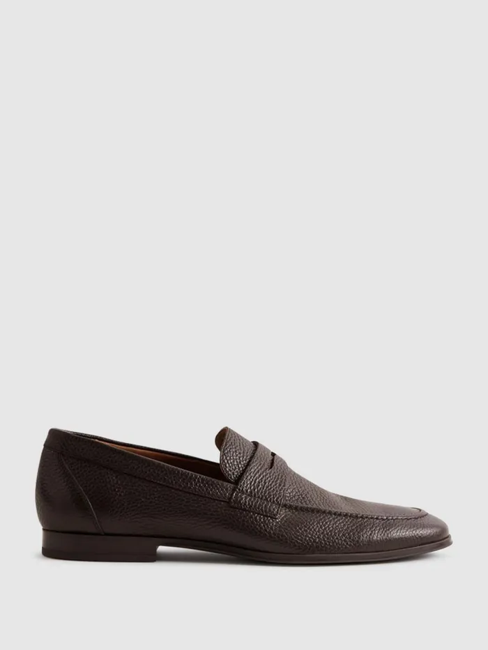 Men Reiss Formal Shoes Bray Leather Grained Leather SlipOn Loafers Dark Brown