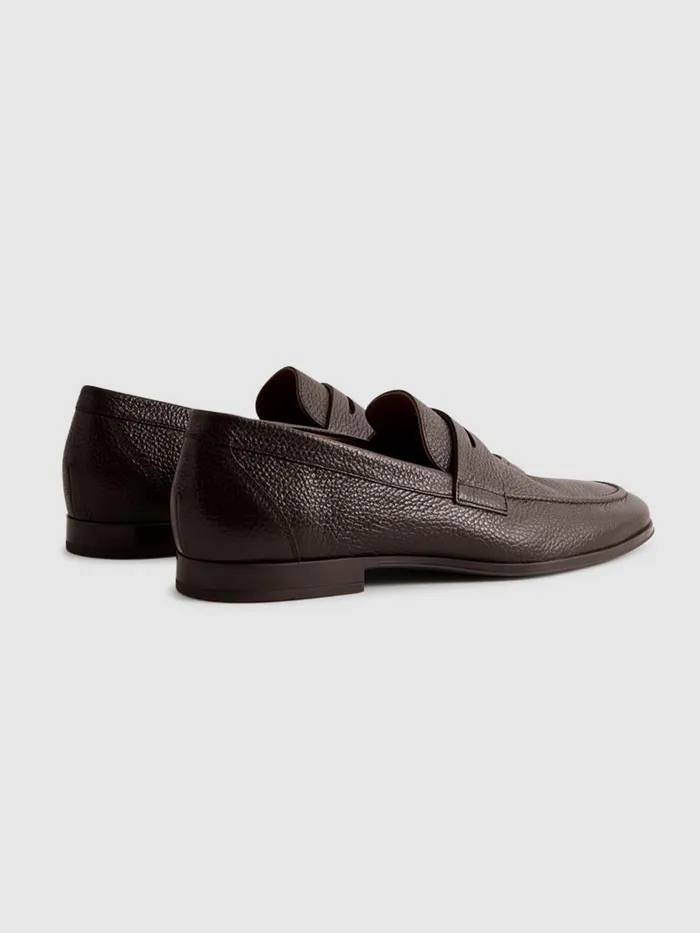 Men Reiss Formal Shoes Bray Leather Grained Leather SlipOn Loafers Dark Brown