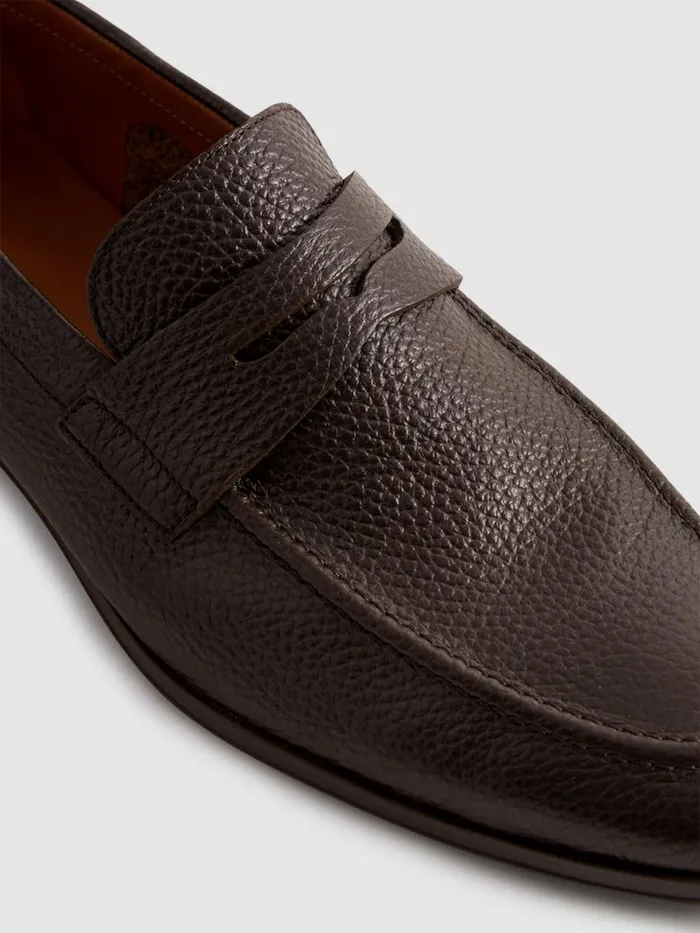 Men Reiss Formal Shoes Bray Leather Grained Leather SlipOn Loafers Dark Brown