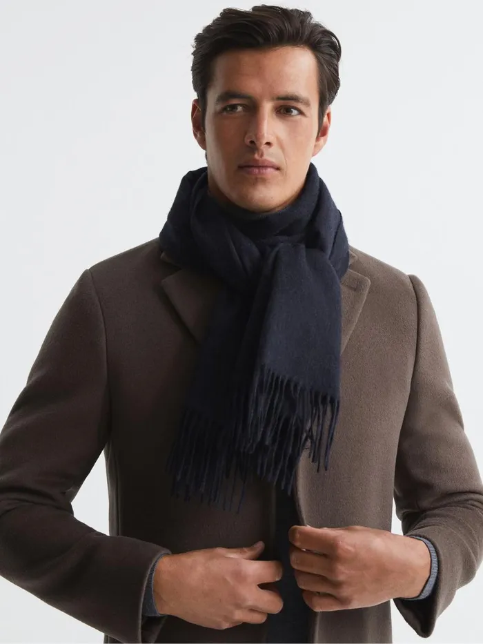 Men Reiss Hats Gloves and Scarves Picton Cashmere Blend Scarf Navy