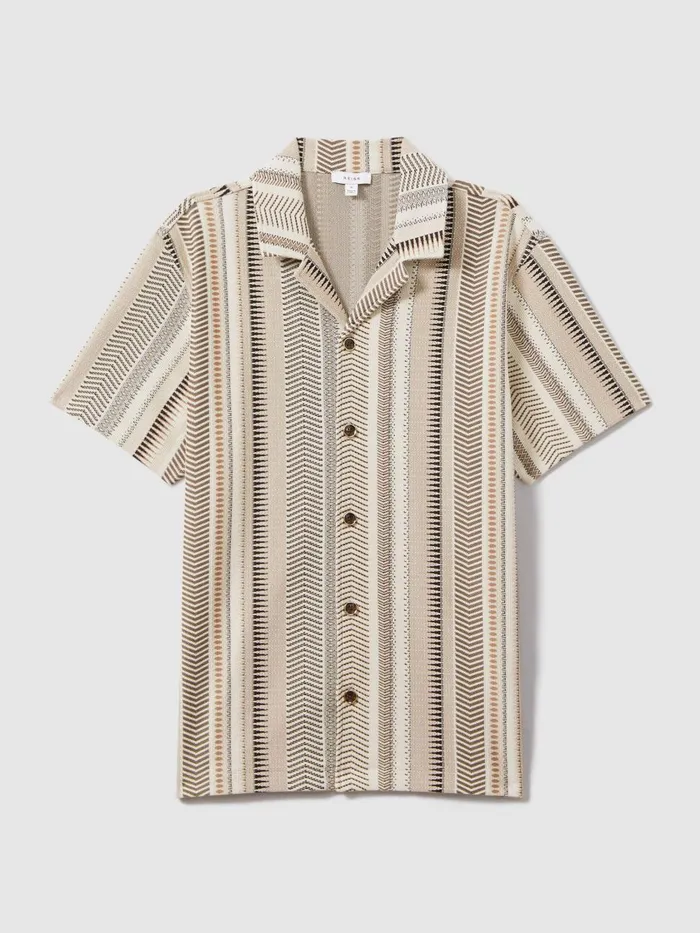 Men Reiss Knitwear Archer Jacquard Aztec Cuban Collar Shirt Ecru Multi