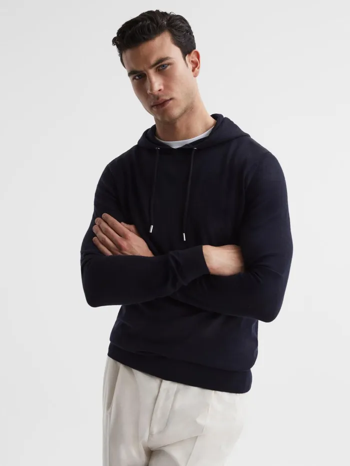 Men Reiss Knitwear Holland Merino Wool Drawstring Hoodie Navy