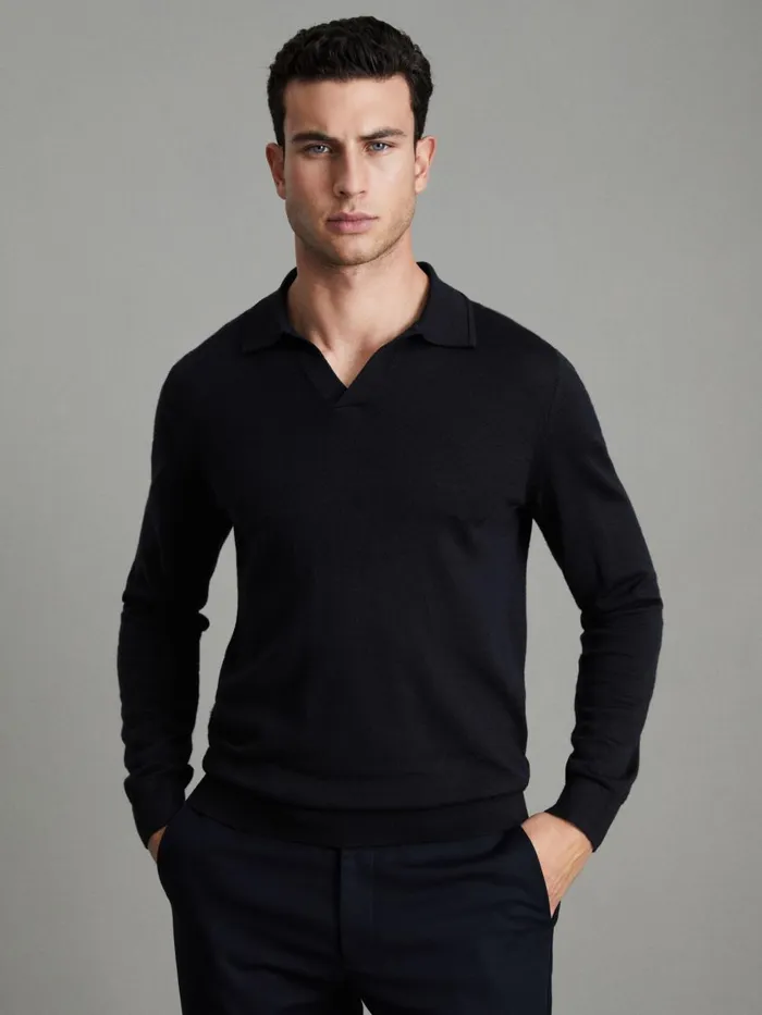 Men Reiss Knitwear Navy Milburn Merino Wool Open Collar Polo Shirt Navy