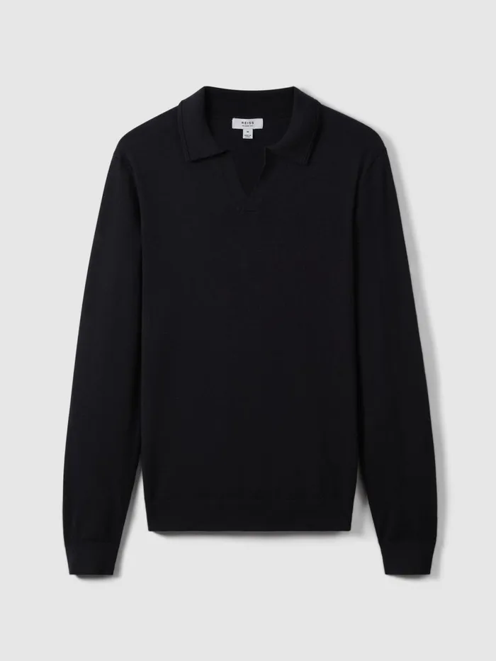 Men Reiss Knitwear Navy Milburn Merino Wool Open Collar Polo Shirt Navy