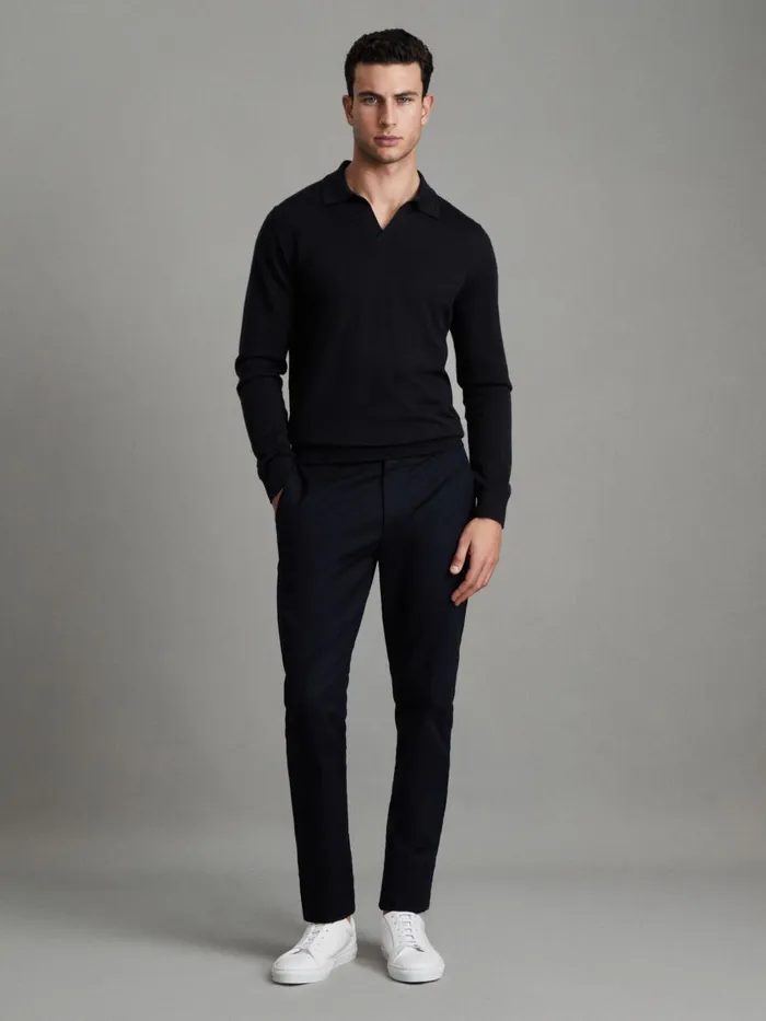 Men Reiss Knitwear Navy Milburn Merino Wool Open Collar Polo Shirt Navy