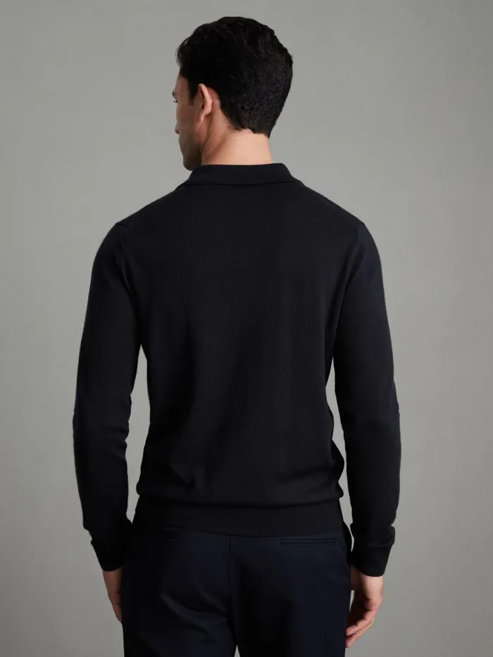 Men Reiss Knitwear Navy Milburn Merino Wool Open Collar Polo Shirt Navy