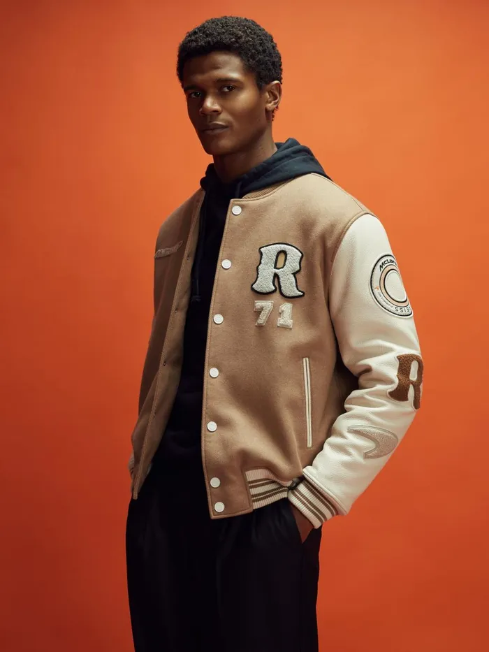 Men Reiss Outerwear and Coats F1 Leather Varsity Jacket Camelecru