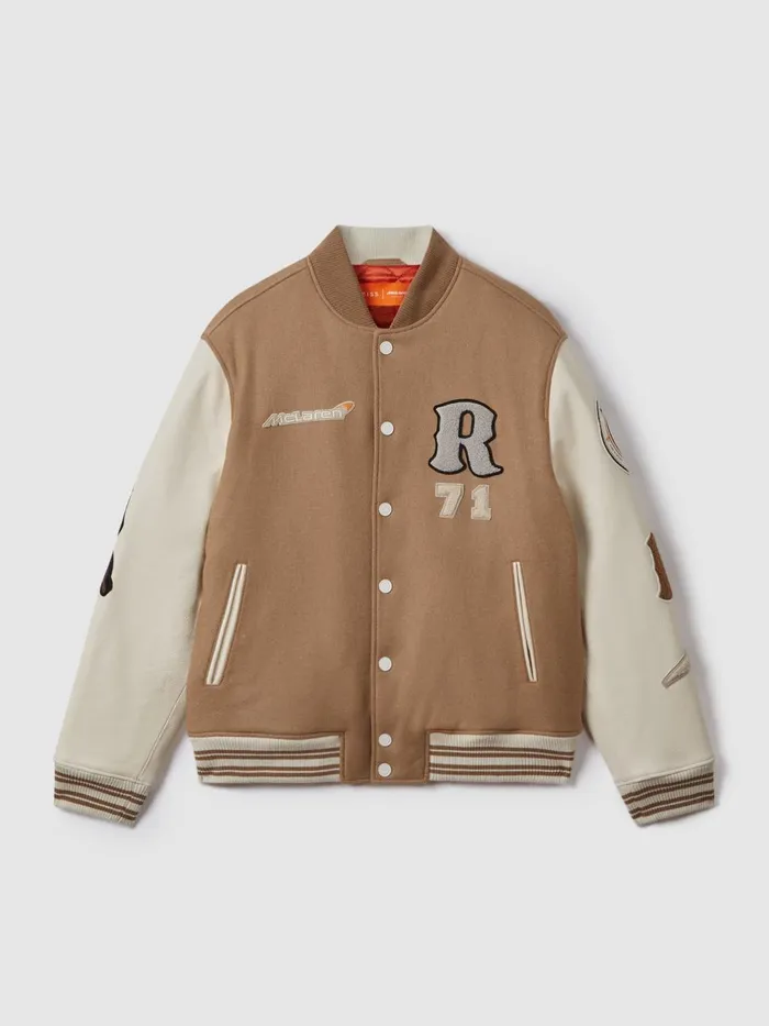 Men Reiss Outerwear and Coats F1 Leather Varsity Jacket Camelecru