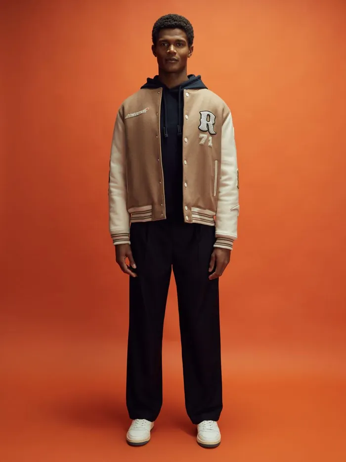 Men Reiss Outerwear and Coats F1 Leather Varsity Jacket Camelecru