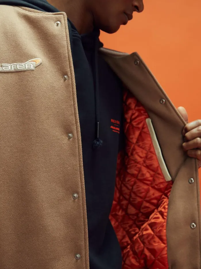Men Reiss Outerwear and Coats F1 Leather Varsity Jacket Camelecru